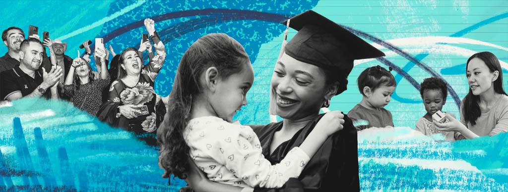 Collage of people of all ages in the USA. The collage has a textured background and hand-drawn abstract lines. In the center is a woman in a graduation cap, smiling and holding a young girl.